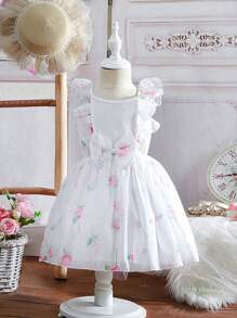 SHEIN Toddler Girls Floral Embroidery Ruffle Trim Bow Front Mesh Overlay Dress - White - View 1