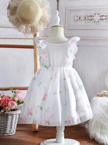 SHEIN Toddler Girls Floral Embroidery Ruffle Trim Bow Front Mesh Overlay Dress - White - View 2