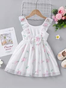SHEIN Toddler Girls Floral Embroidery Ruffle Trim Bow Front Mesh Overlay Dress - White - View 7