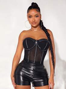 SHEIN SXY Rhinestone Detail Mesh Tube Top - Black - View 6