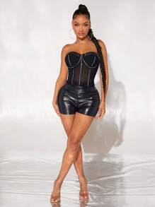 SHEIN SXY Rhinestone Detail Mesh Tube Top - Black - View 5