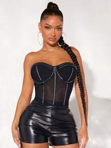 SHEIN SXY Rhinestone Detail Mesh Tube Top - Black - View 7