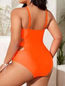Plus Cut-out Tie Side One Piece Swimsuit - Burnt Orange - View 2