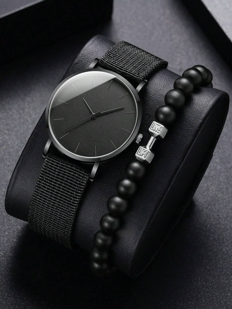 1 Đồng hồ đeo tay thạch anh hình tròn cho nam & 1 Vòng đeo tay - màu đen - Xem 1