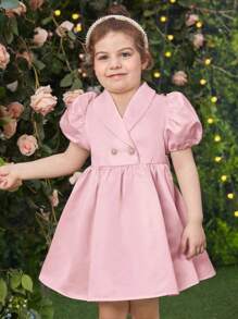 SHEIN Đầm bé gái Nơ Bướm Nút đôi Dây kéo màu trơn Dễ thương - Màu Hồng baby - Xem 5