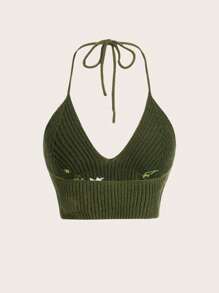 ROMWE Fairycore 花卉刺繡後背繫帶吊脖針織上衣 - 軍綠色 - 查看 2