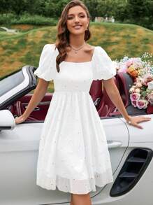 Aveloria Rosie Floral Embroidery Square Neck Puff Sleeve Dress Vacation Outfits Woman  - White - View 1