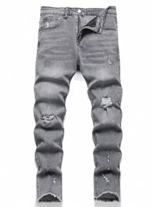 Manfinity LEGND Men Cotton Ripped Frayed Cat Scratch Skinny Frayed Jeans Plain Slim Fit Long Light Grey Washed Cargo Jeans, For Husband, Boyfriend Gifts Going Out Urban Street Work Commute - Light Grey - View 1