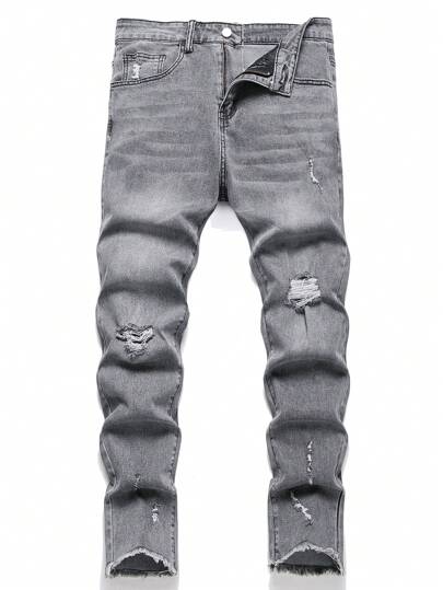 Manfinity LEGND Jeans ajustados de hombre de algodón con rasgados, efecto de arañazos de gato, desgastados, lisos, de corte slim, de color gris claro lavado, para regalos a esposos o novios