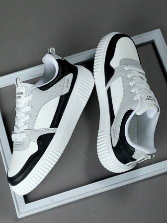 運動板鞋適用於男士撞色字母貼飾前綁帶運動鞋