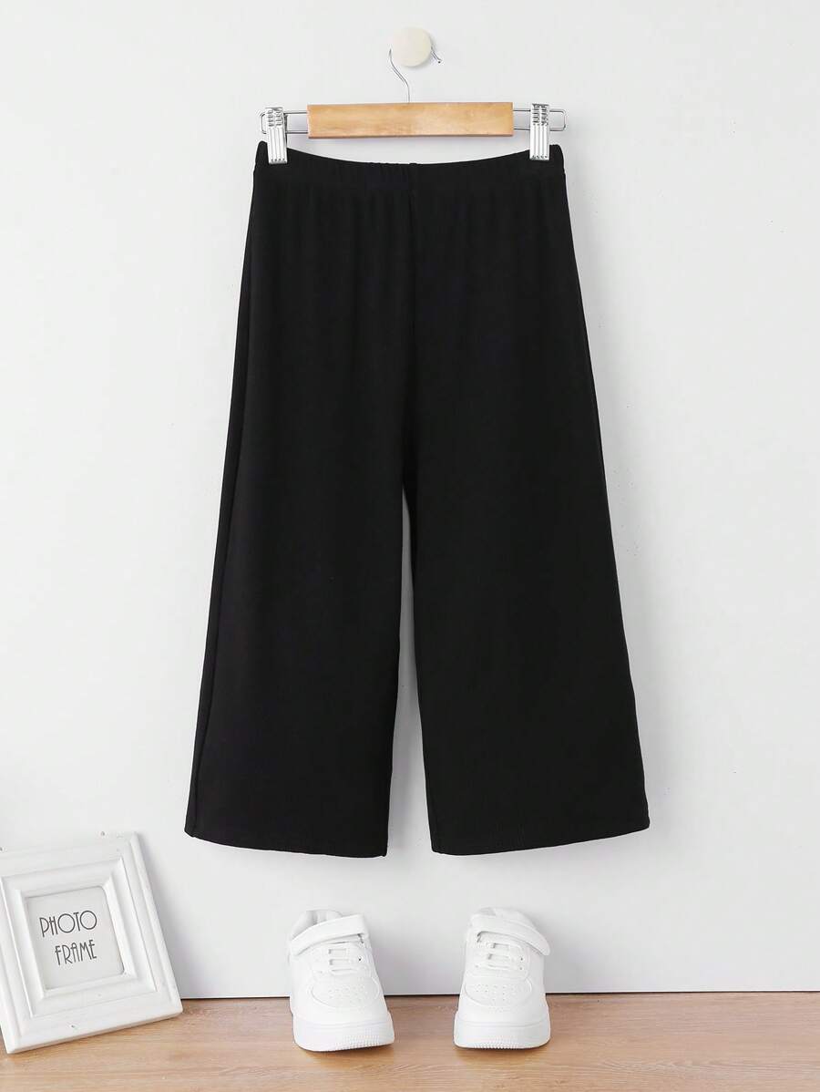 SHEIN Girls Solid Wide Leg Trousers - Black - View 1