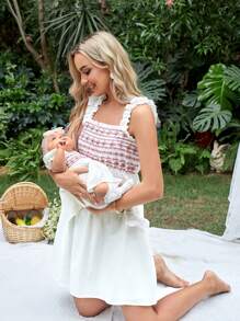 SHEIN Maternity 1pc Geo Embroidery Frill Trim Nursing Dress - Multicolor - View 8