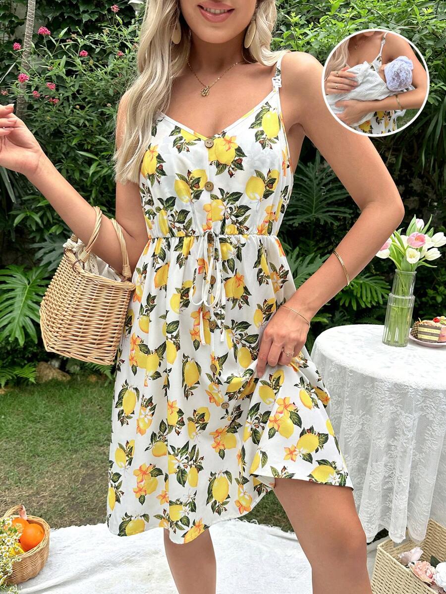 SHEIN 孕婦1入組可調整肩帶檸檬圖案哺乳吊帶連衣裙 - 彩色 - 查看 1
