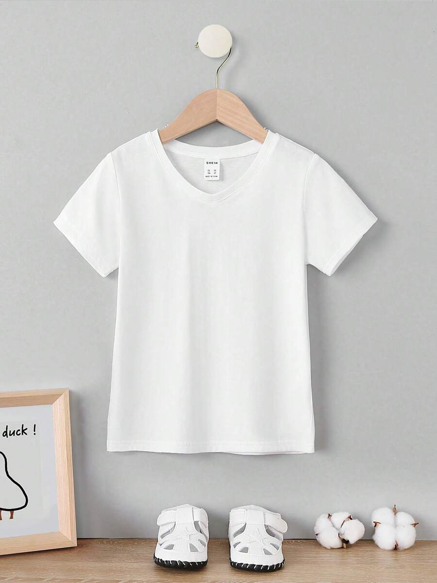 SHEIN Young Girl Toddler Girls Solid V Neck Tee - White - View 1