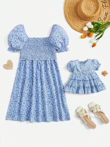 SHEIN 孕婦1入組碎花泡泡袖哺乳洋裝