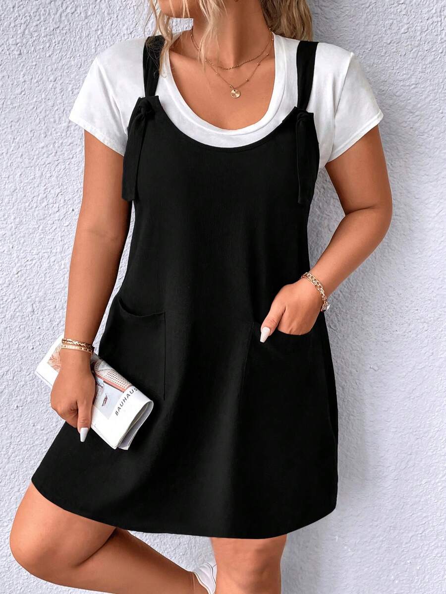 Calvaya Đầm Plus Size Thắt nút Túi màu trơn Giải trí - màu đen - Xem 1