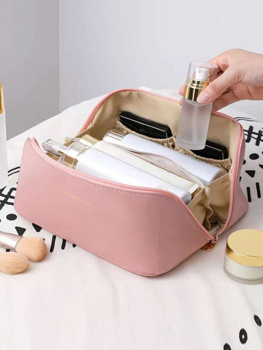 字母圖案PU皮革化妝包,粉色洗漱用品包彩妝收納適合旅行 - 粉色 - 查看 1