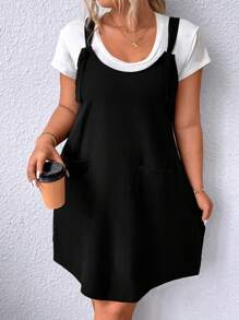 Calvaya Đầm Plus Size Thắt nút Túi màu trơn Giải trí - màu đen - Xem 4