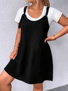 Calvaya Đầm Plus Size Thắt nút Túi màu trơn Giải trí - màu đen - Xem 7