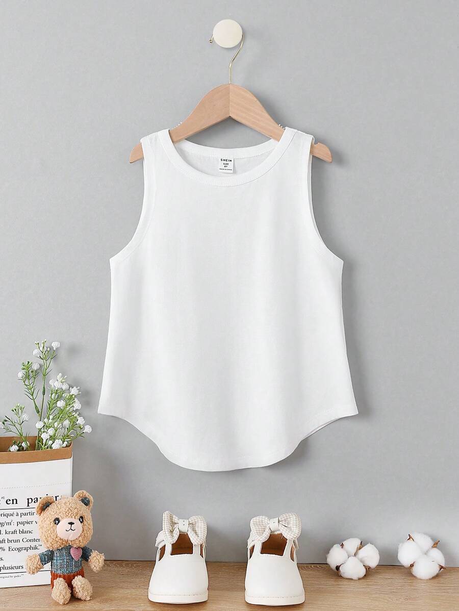 SHEIN Girls Solid Curved Hem Tank Top - White - View 1