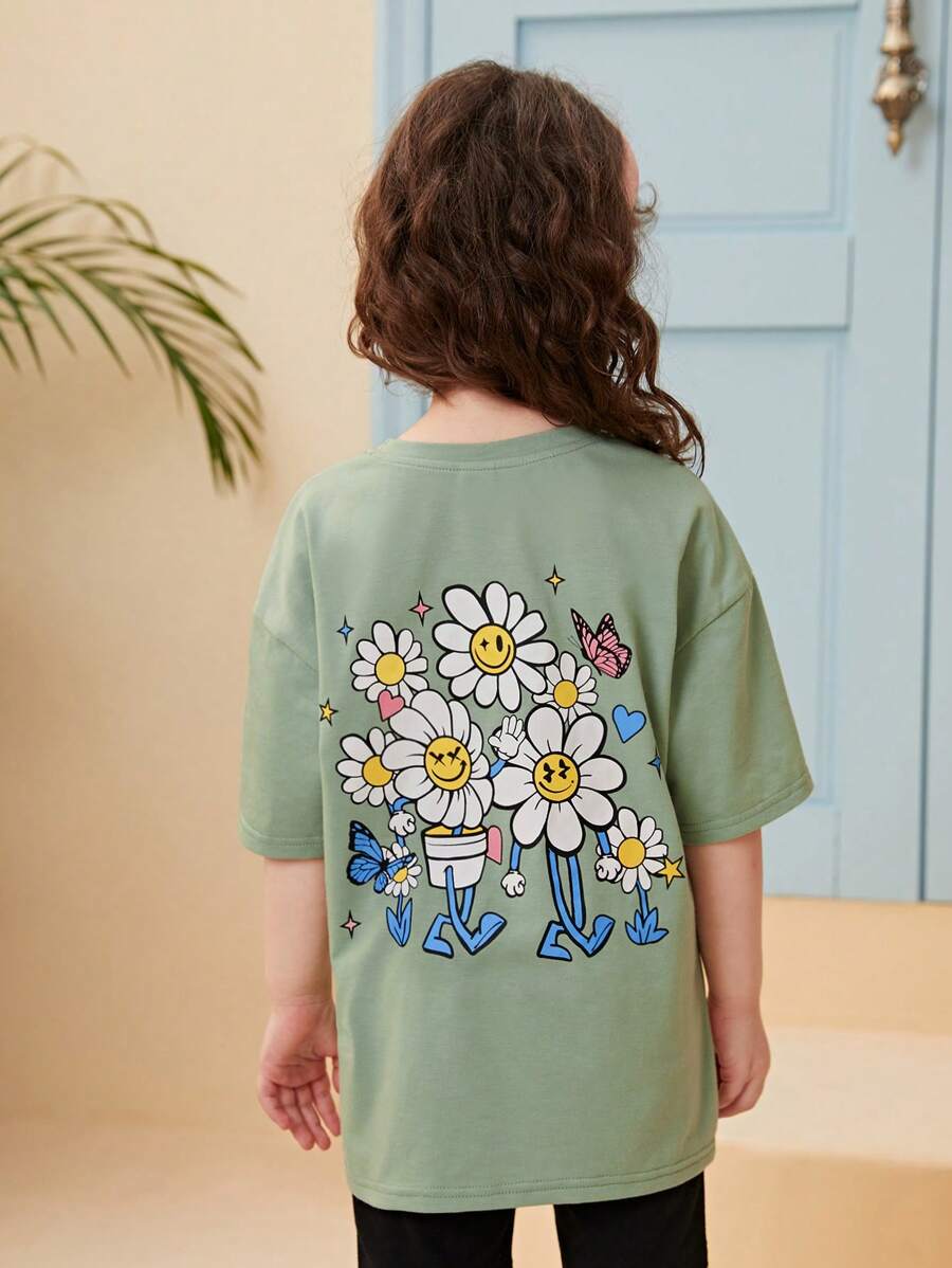 SHEIN Tops con gái lớn Hoa Loại bướm Giải trí - Màu xanh Bạc hà - Xem 1