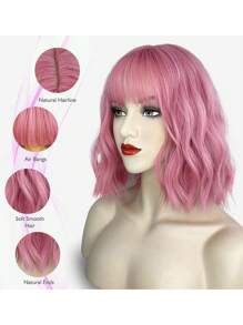 短卷人造假髮帶劉海 - 粉色 - 查看 4