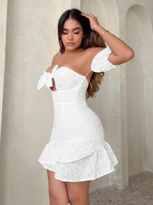 SHEIN SXY Đầm Cắt ra Viên lá sen Tranh thêu màu trơn Boho - trắng - Xem 5