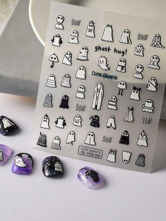 1sheet Halloween Cute Ghost Pattern Nail Art Sticker 3D Self-Adhesive Nail Decal for Women Halloween DIY Nail Supplies Decor