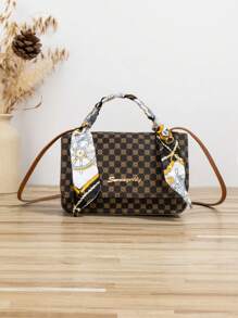 Mini Square Bag Geometric Pattern Skinny Scarf Decor Flap - Multicolor - View 1