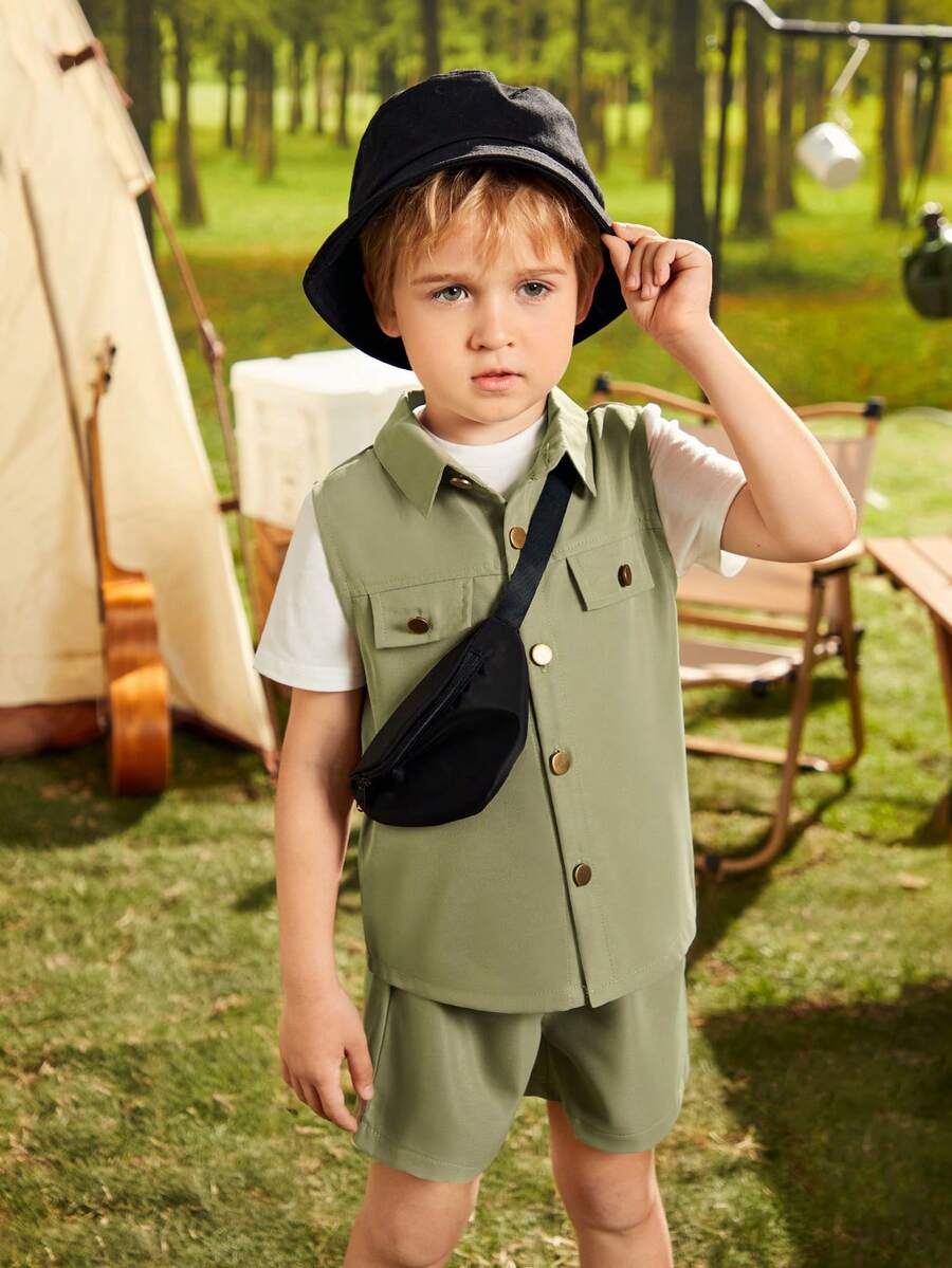 SHEIN 小男童翻蓋細節襯衫和短褲和包不帶T恤