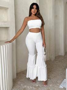 SHEIN SXY 休閒褶皺邊 荷葉邊純色女士兩件套 - 白色 - 查看 1