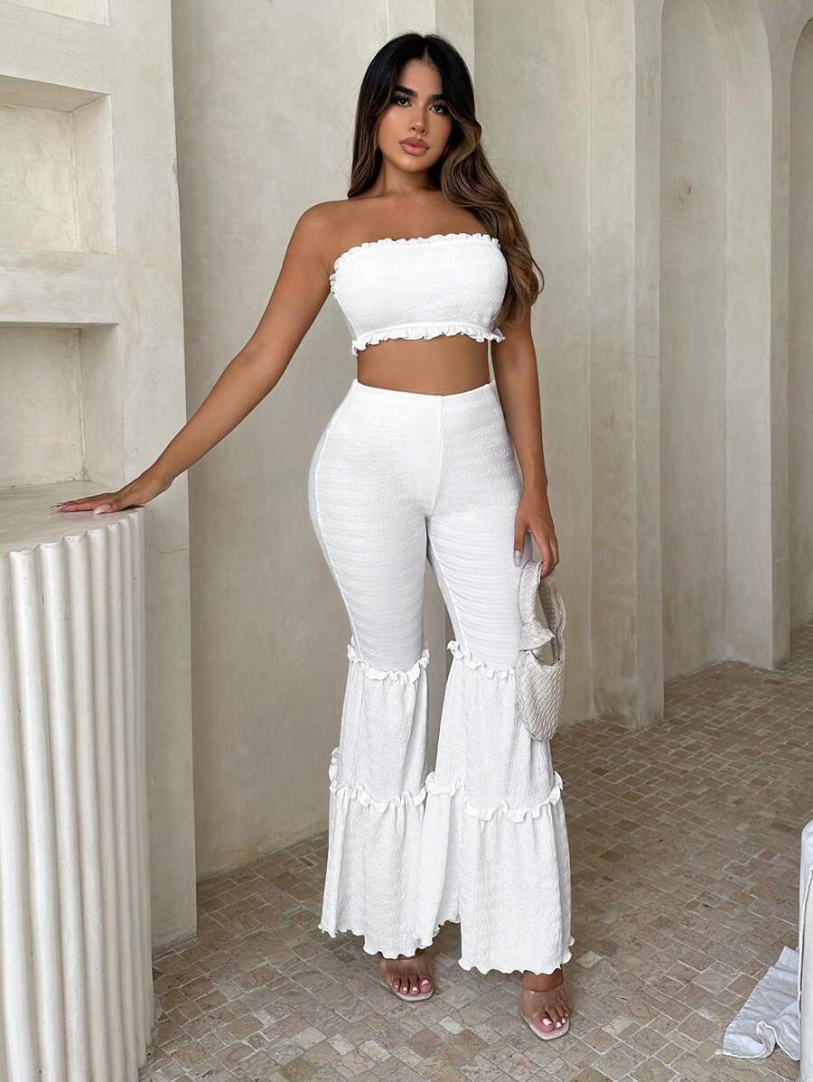 SHEIN SXY 休閒褶皺邊 荷葉邊純色女士兩件套 - 白色 - 查看 1