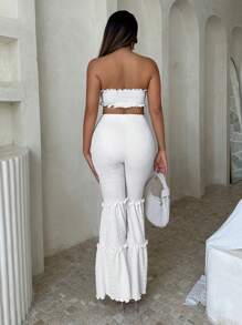 SHEIN SXY 休閒褶皺邊 荷葉邊純色女士兩件套 - 白色 - 查看 2