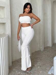 SHEIN SXY 休閒褶皺邊 荷葉邊純色女士兩件套 - 白色 - 查看 4