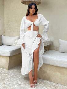 SHEIN SXY Beach;Ruffle Trim O-Ring Detail Split Hem Skirt - White - View 4