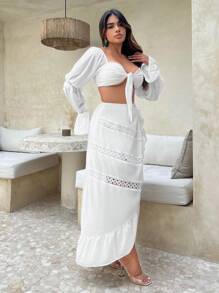 SHEIN SXY Beach;Ruffle Trim O-Ring Detail Split Hem Skirt - White - View 6