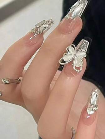 24入組長形棺材款3D蝴蝶鑽石裝飾全覆蓋式假指甲套裝，自然貼合式指甲，美甲工具