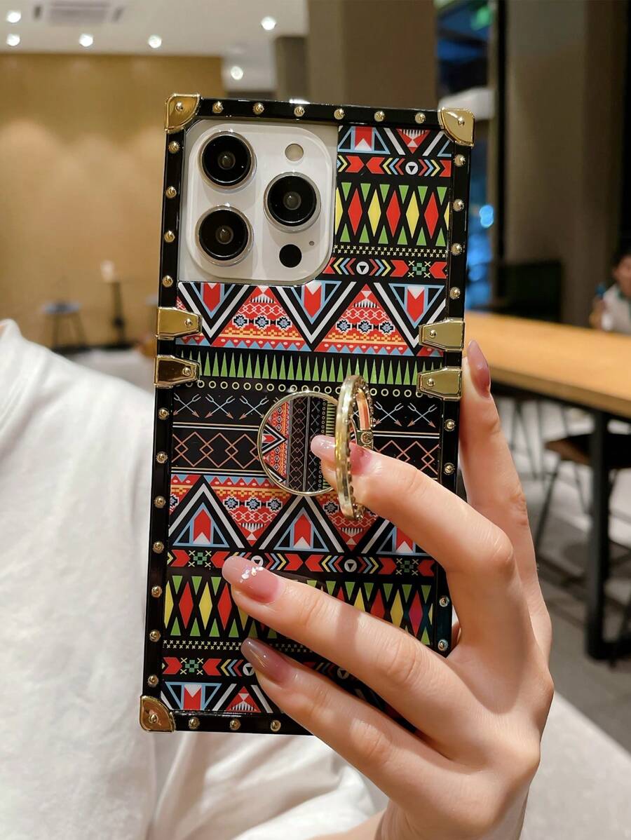 Geometric Pattern Anti-slip Phone Case With Ring Holder - Multicolor - View 1