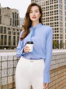 MOTF PREMIUM 真絲打結式襯衫 - 淺藍色 - 查看 3