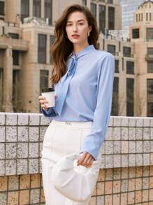 MOTF PREMIUM 真絲打結式襯衫 - 淺藍色 - 查看 5