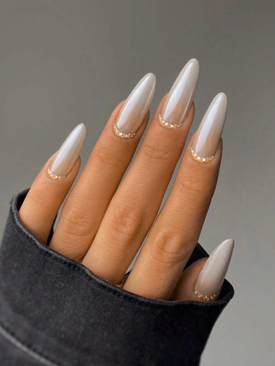 Upgrade Your Look With 24pcs Long Almond 3D Rhinestone Decor Full Cover Fake Nail Kit