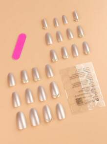Upgrade Your Look With 24pcs Long Almond 3D Rhinestone Decor Full Cover Fake Nail Kit