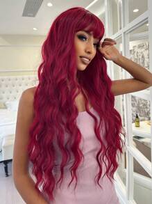 超長卷人造假髮帶劉海 - 酒紅色 - 查看 1