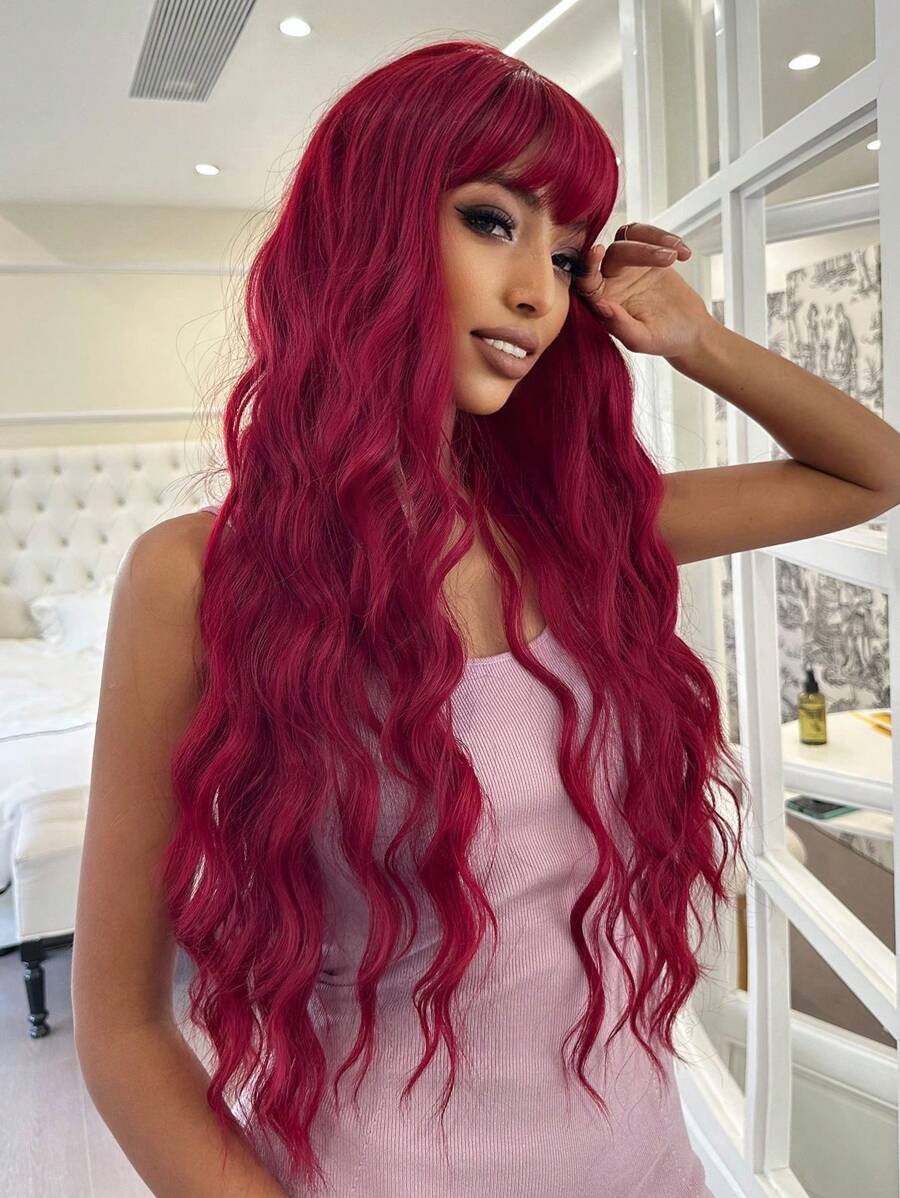 超長卷人造假髮帶劉海 - 酒紅色 - 查看 1