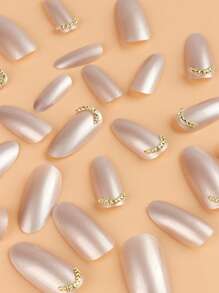Upgrade Your Look With 24pcs Long Almond 3D Rhinestone Decor Full Cover Fake Nail Kit
