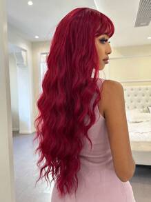 超長卷人造假髮帶劉海 - 酒紅色 - 查看 3