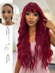 超長卷人造假髮帶劉海 - 酒紅色 - 查看 4