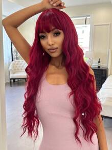 超長卷人造假髮帶劉海 - 酒紅色 - 查看 5