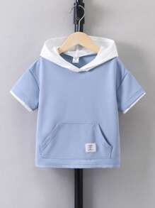 SHEIN 小男童字母貼布袋鼠口袋連帽T恤 - 藍白色 - 查看 1