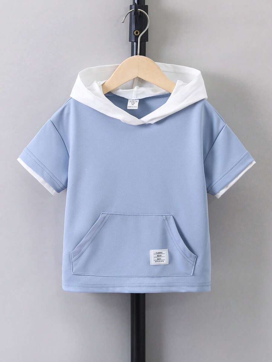 SHEIN 小男童字母貼布袋鼠口袋連帽T恤 - 藍白色 - 查看 1